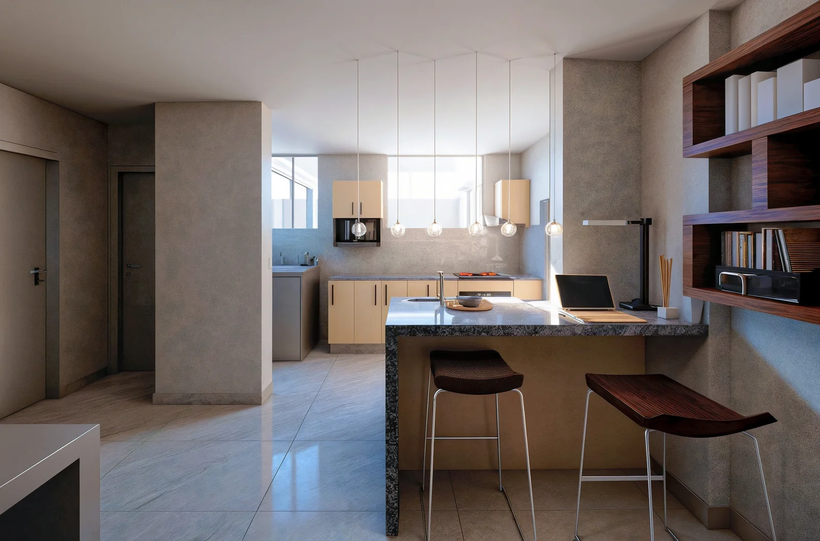 Cocina moderna con muebles altos y bajos y barra desayunadora en Origen Residencial