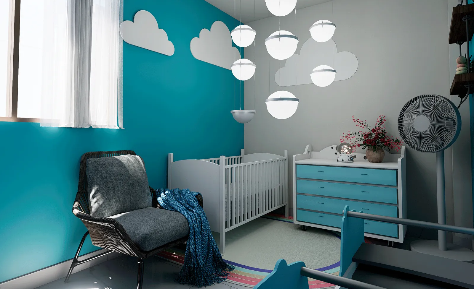 Dormitorio infantil de Origen Residencial con cuna, sillón y mobiliario en tonos azul y blanco