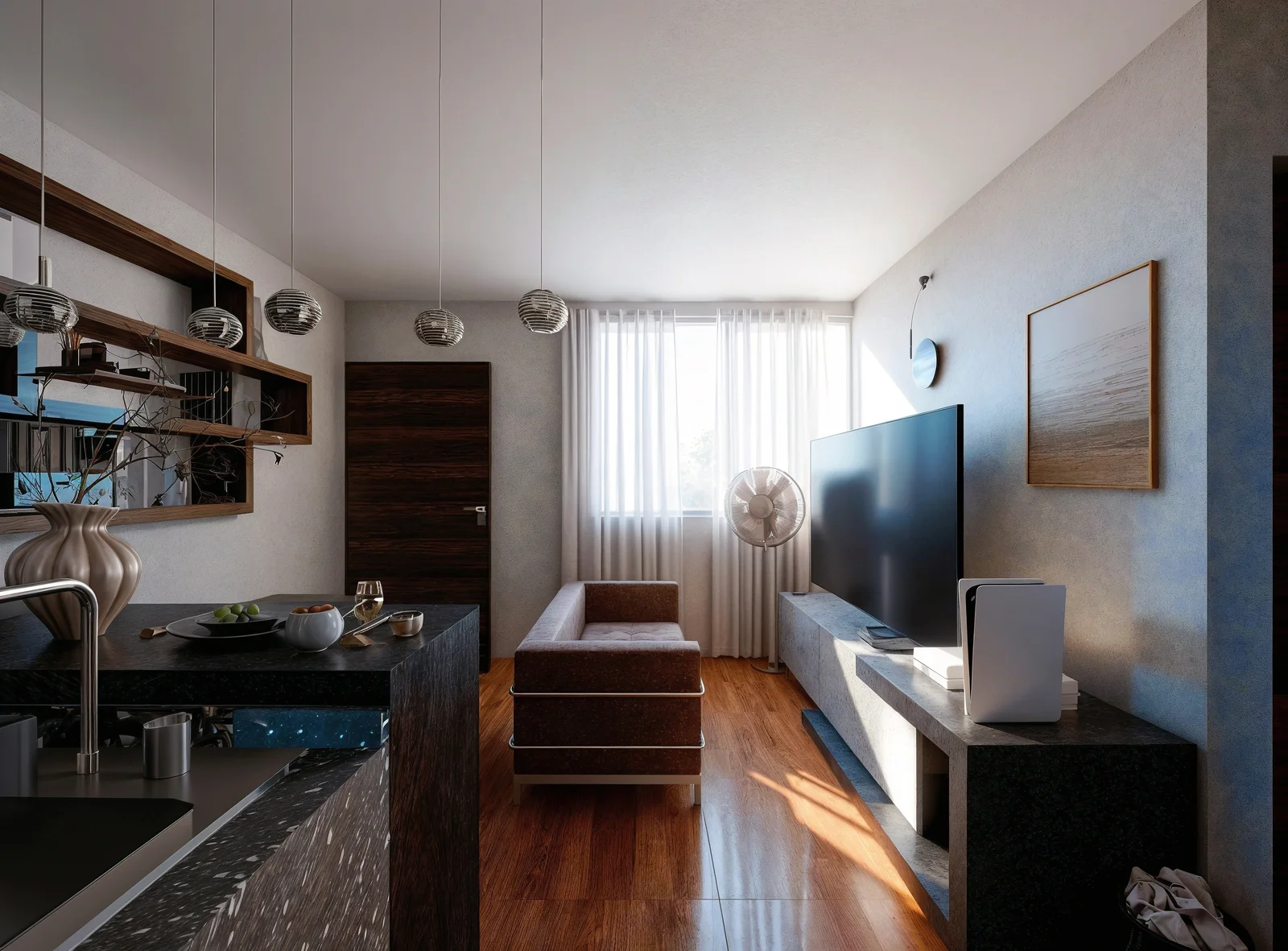 Sala principal de estar con amplios ventanales, luz natural y acabados modernos en Origen Residencial